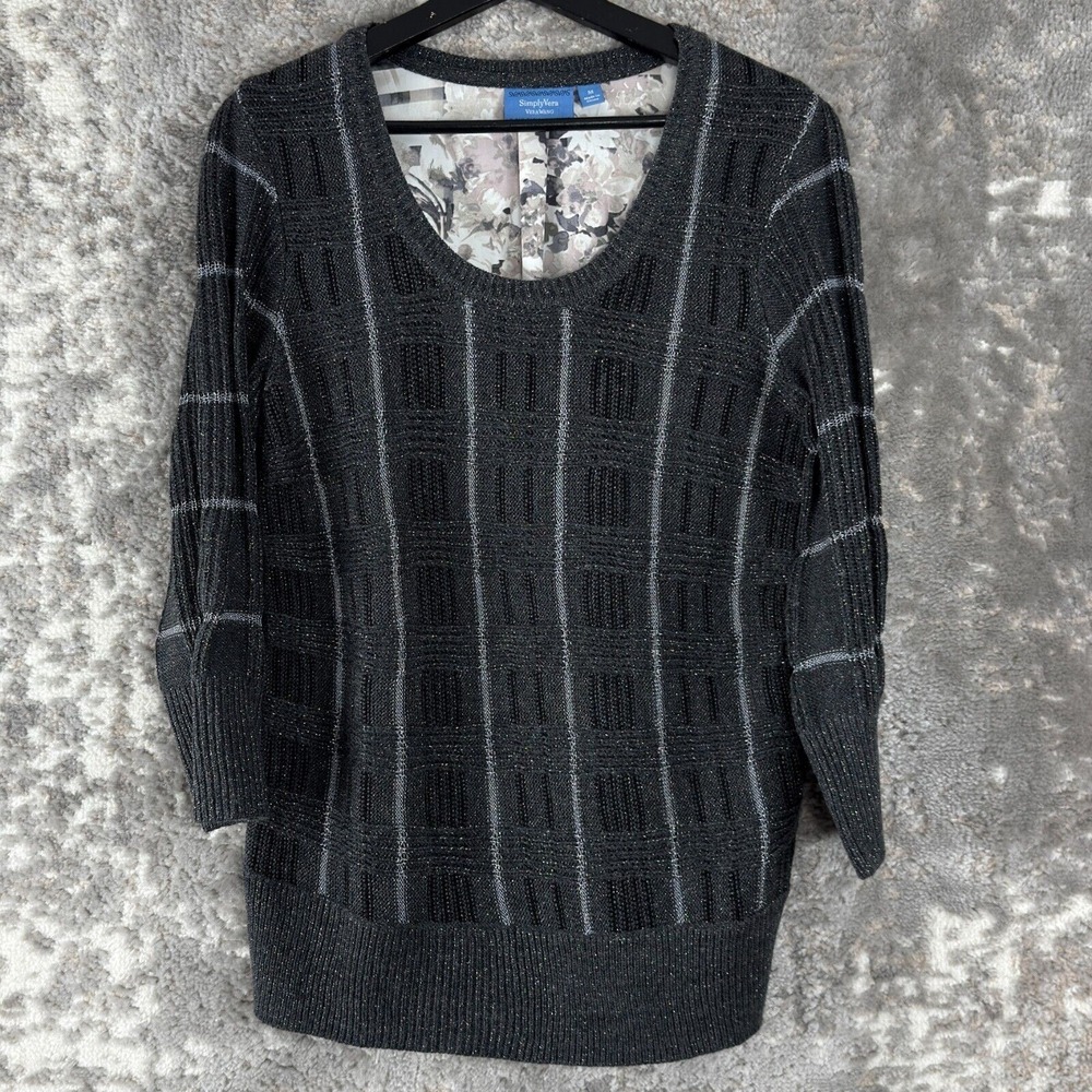 Simply Vera Wang Size M Striped Floral Shimmer Metallic Sweater Gray 3/4 Sleeve